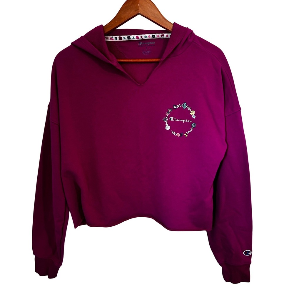 Champion Pink Cropped Hoodie Floral Emblem Women's Size Small Raw Seams
